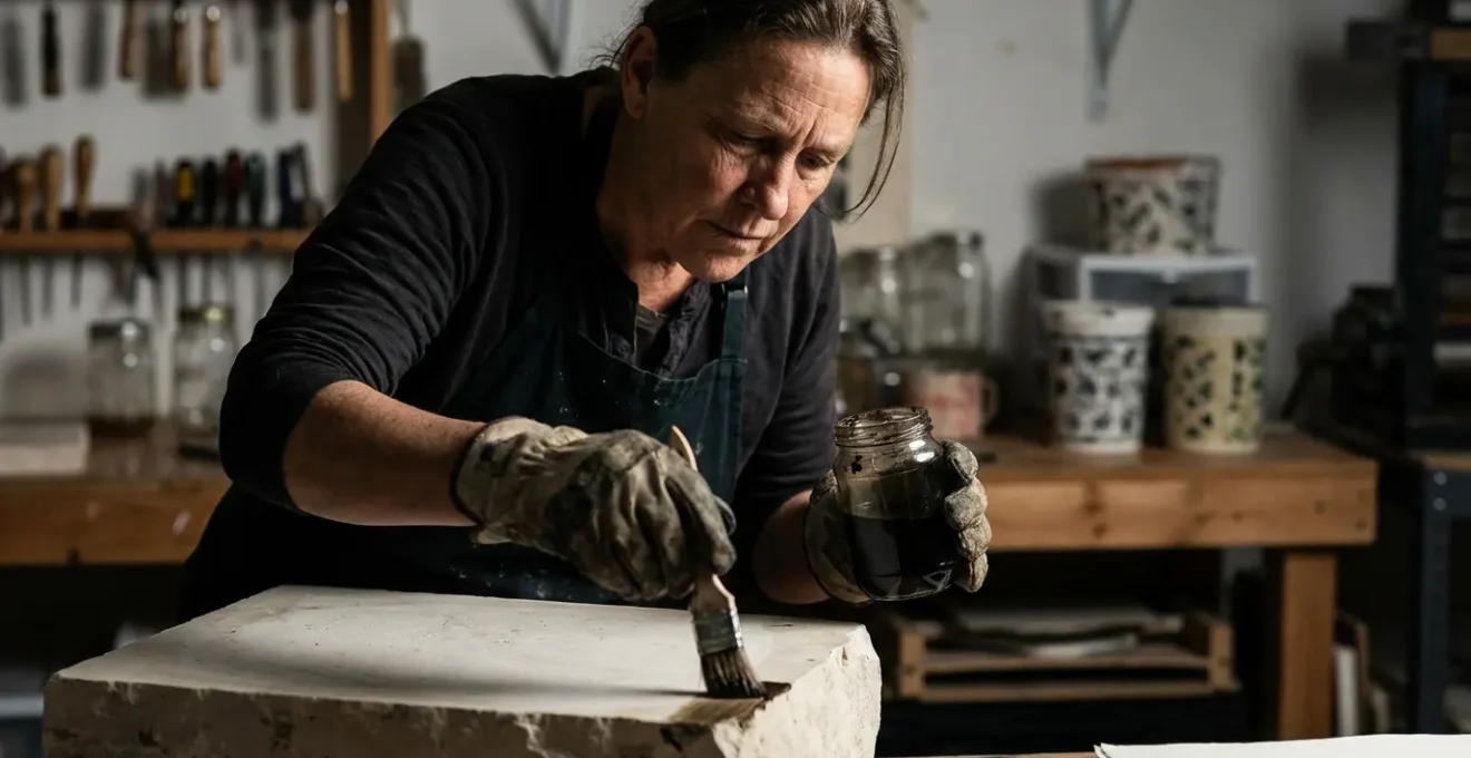 Printmaker testing etch solution on corner of lithographic stone in controlled studio environment