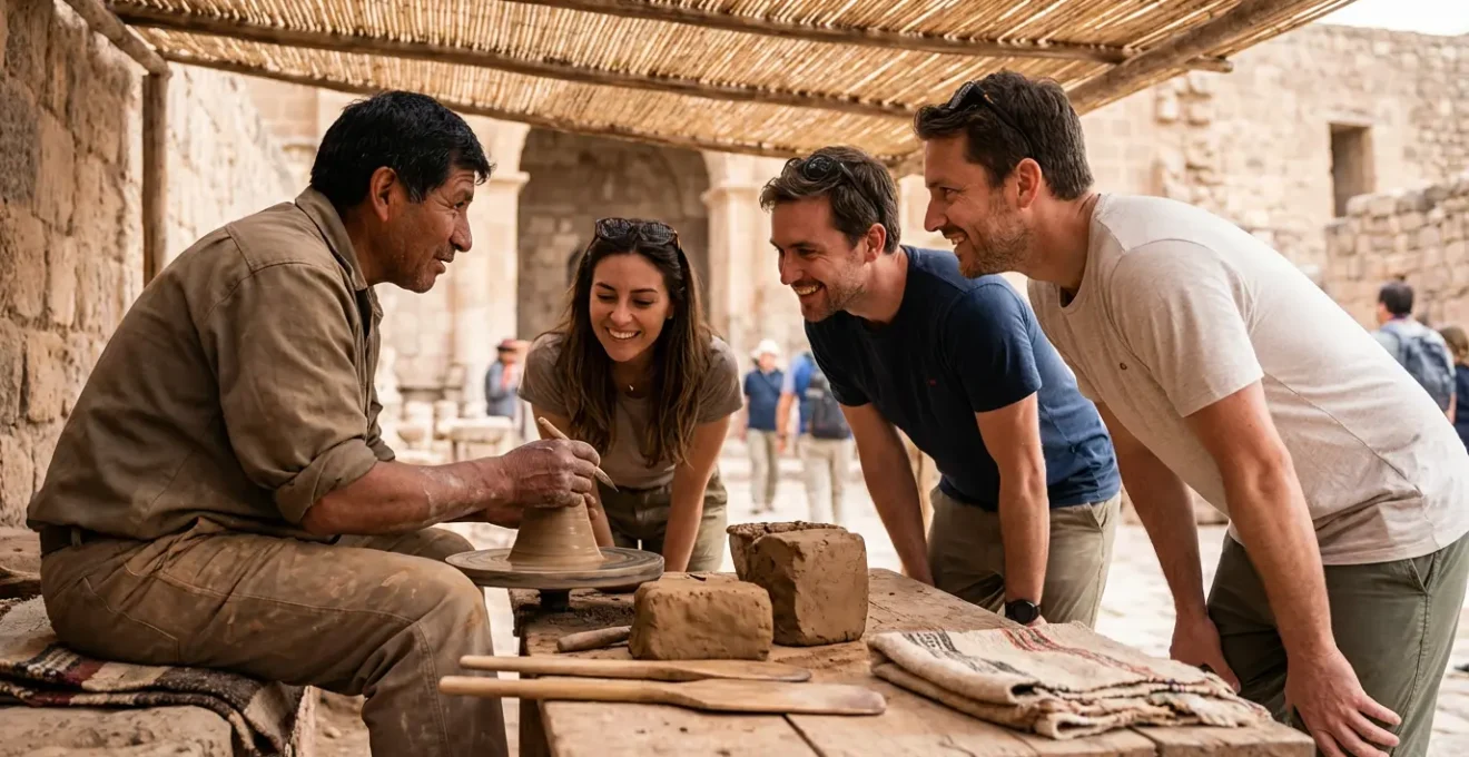 Local artisans and guides working at heritage site with traditional crafts and visitor interactions