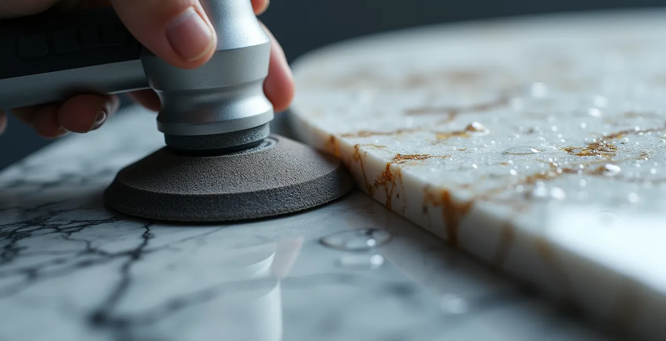 Extreme close-up of diamond polishing pad working on marble surface, showing the transition from rough to polished stone.