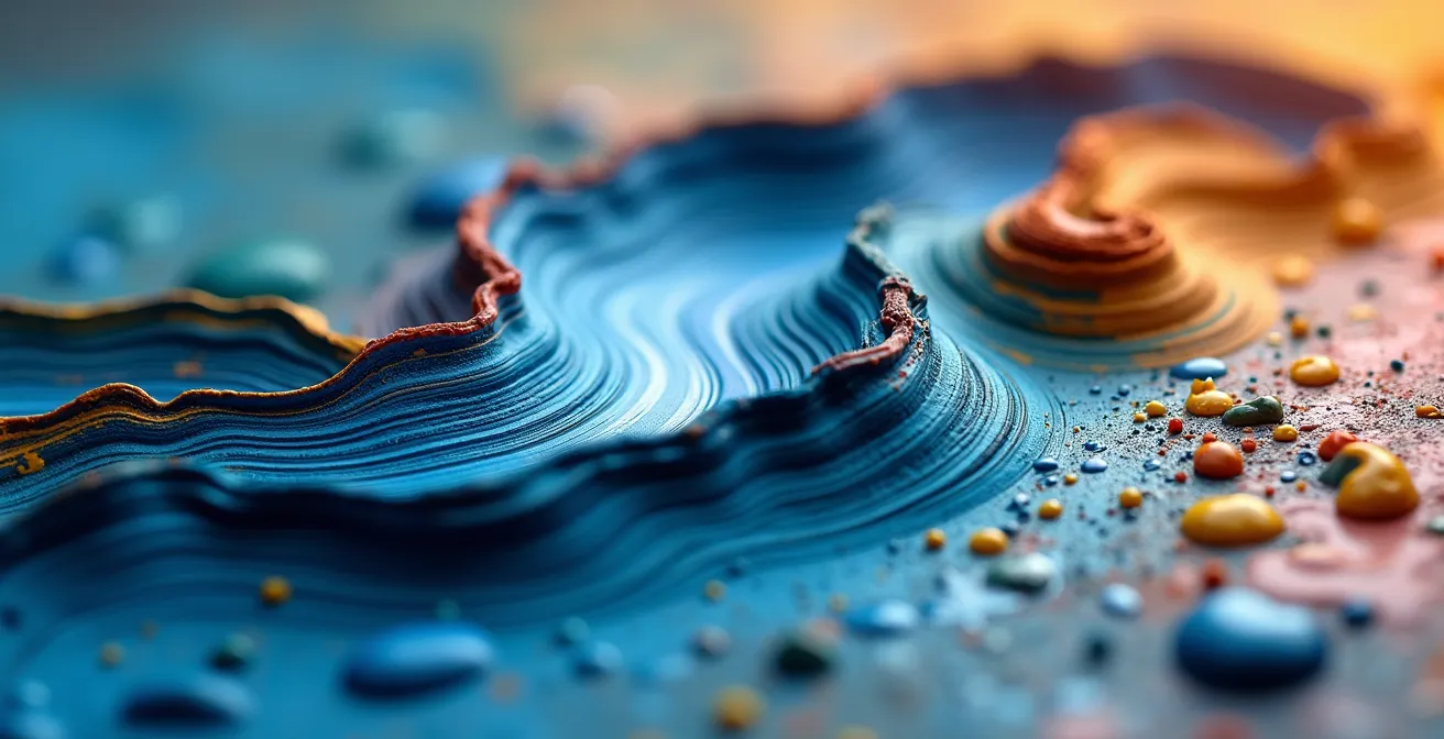 Close-up macro view of thick oil paint texture created with palette knife