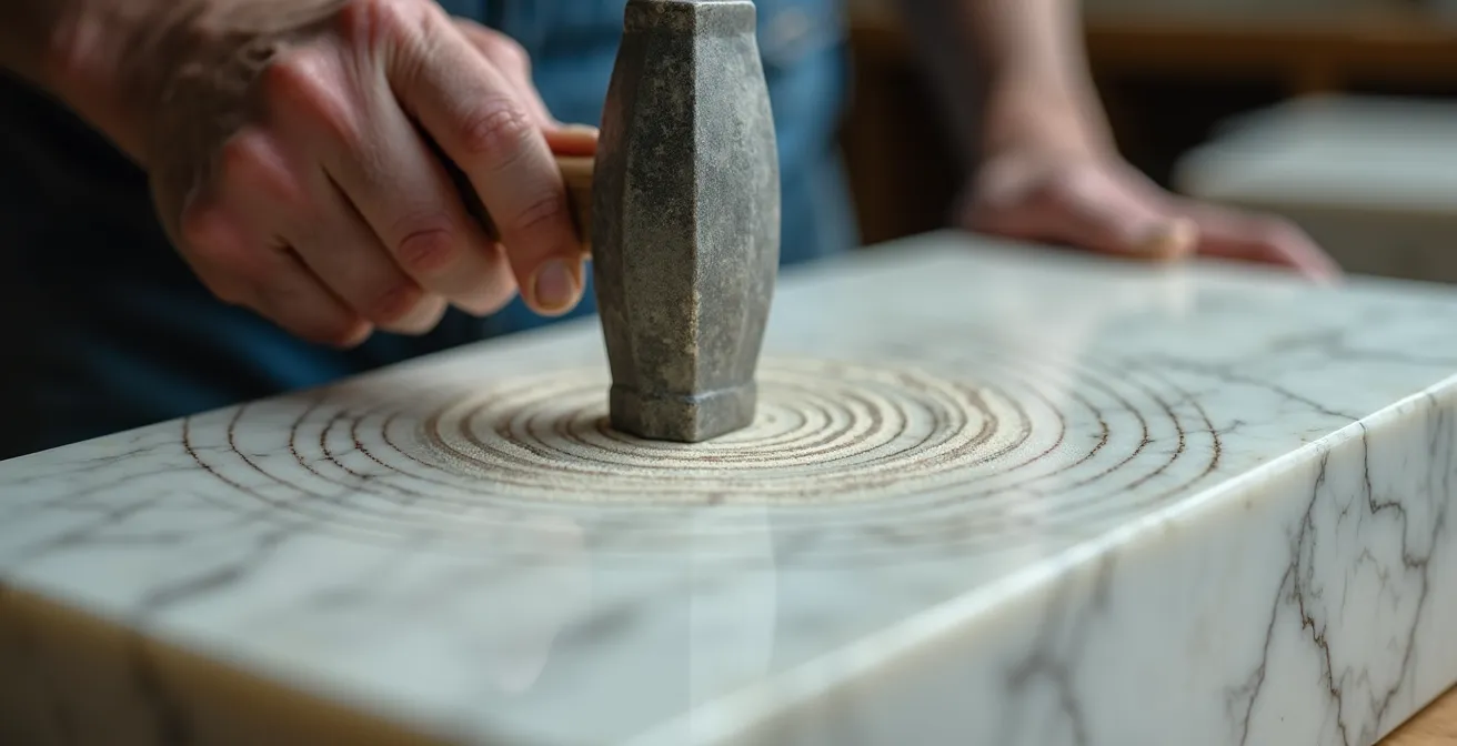Close-up of hands testing a raw marble block with a small hammer, with a visual representation of sound waves emanating from the point of contact.