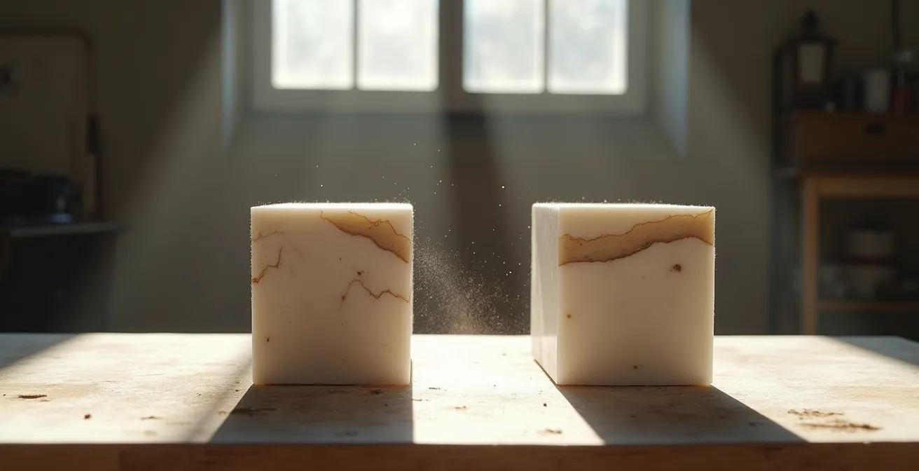 Side view demonstration of correct versus incorrect chisel striking angles on marble, showing clean chips versus stress lines.