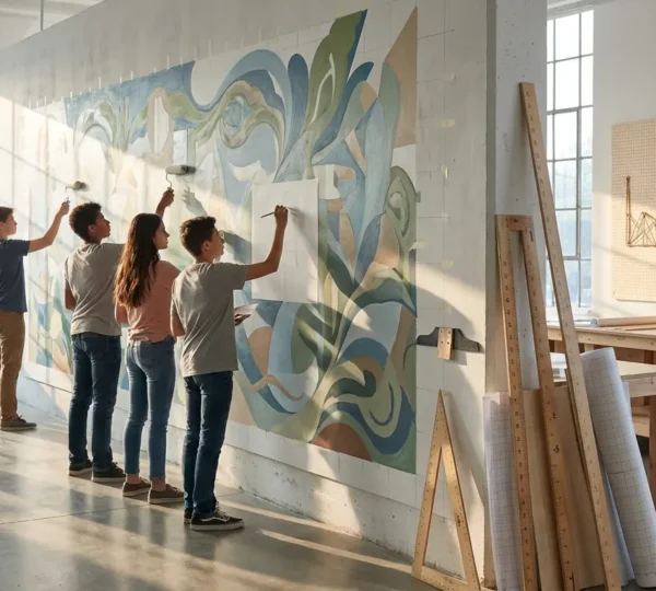 Youth creating collaborative mural artwork in community center with measuring tools and data visualization elements