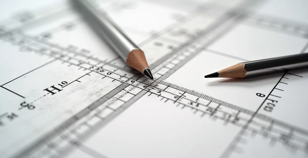 Close-up demonstration of measuring points technique showing equally spaced vertical elements receding in perspective