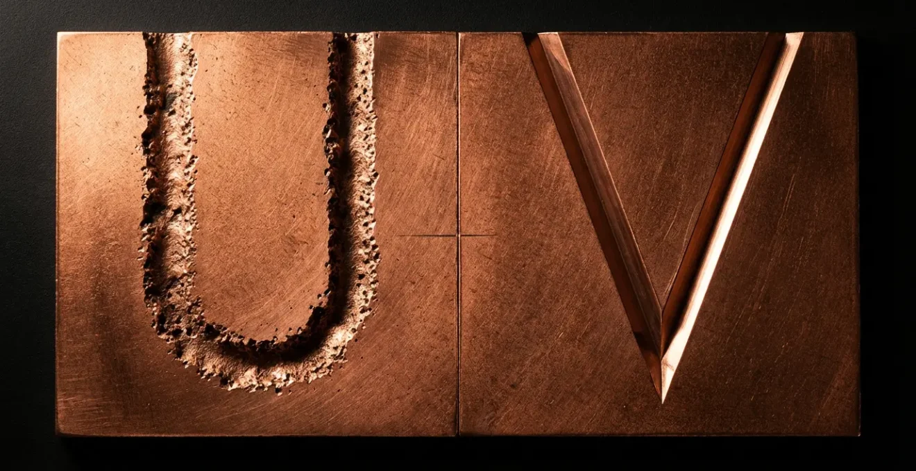 Split-screen microscopic view comparing acid-etched versus electro-etched copper lines