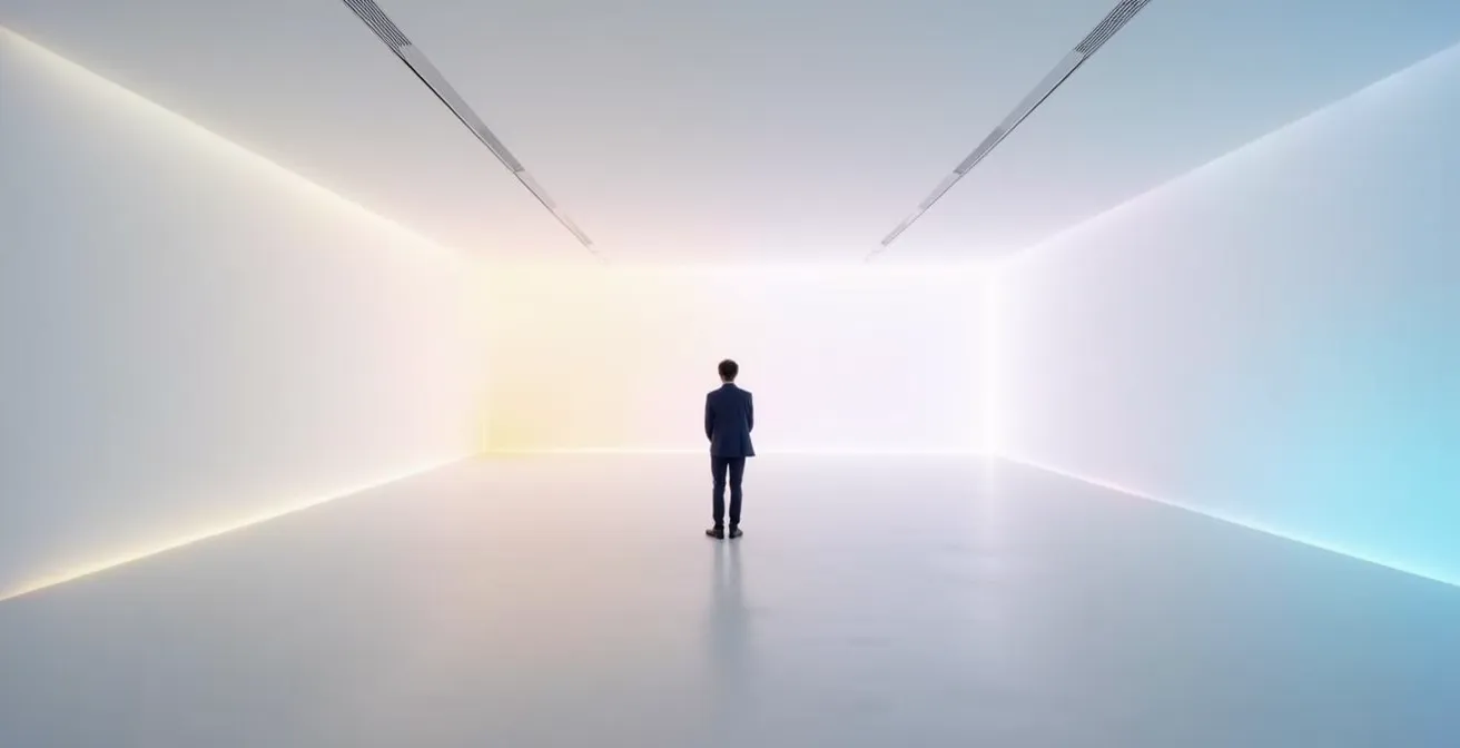 Wide angle view of minimalist gallery space with subtle light projections creating atmospheric depth