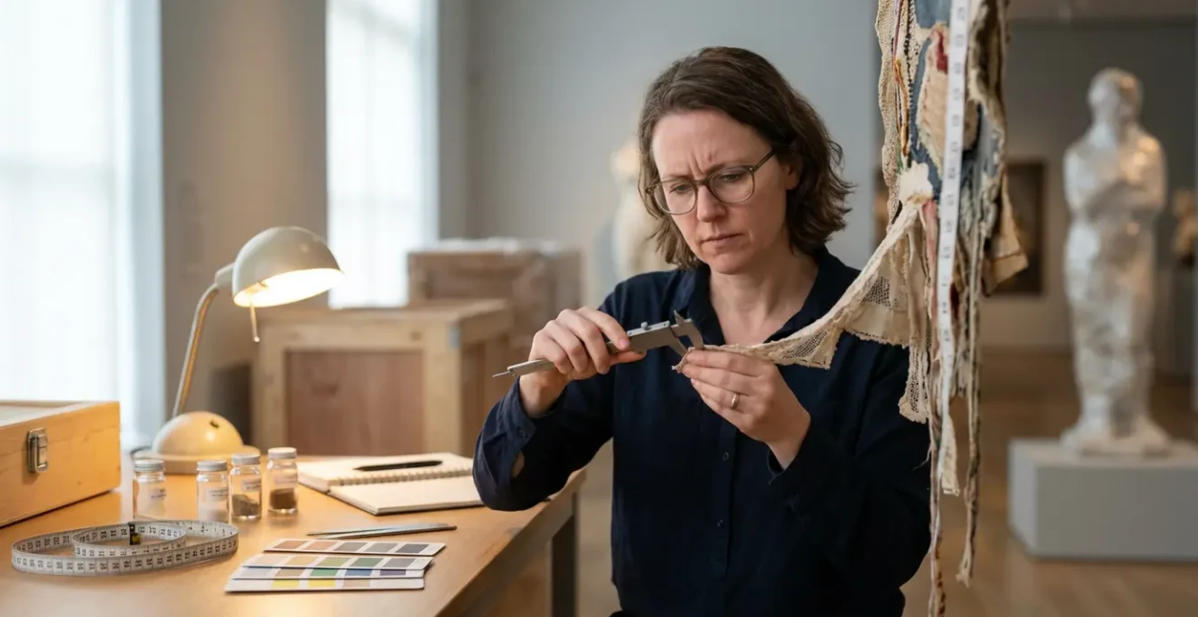 Conservator documenting a complex installation with photography and measurement tools