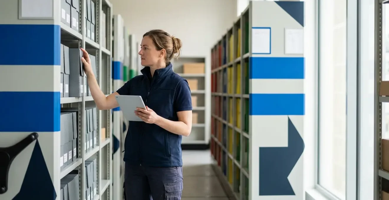 Museum storage aisle showing color-coded zones with clear numbering system on shelving units