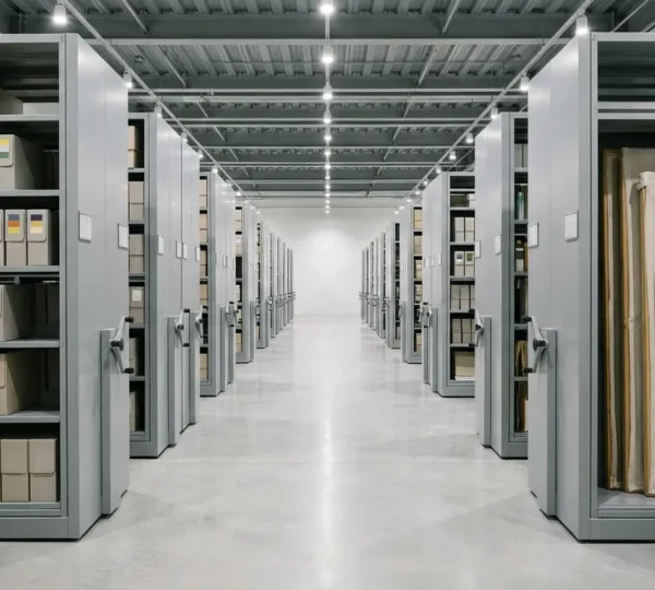 Modern museum storage facility showcasing mobile compactor shelving systems with art collections and archival boxes in an organized warehouse environment
