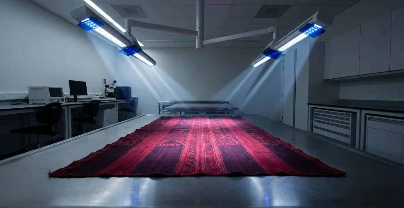 Museum conservation specialist examining cochineal-dyed textile under specialized lighting
