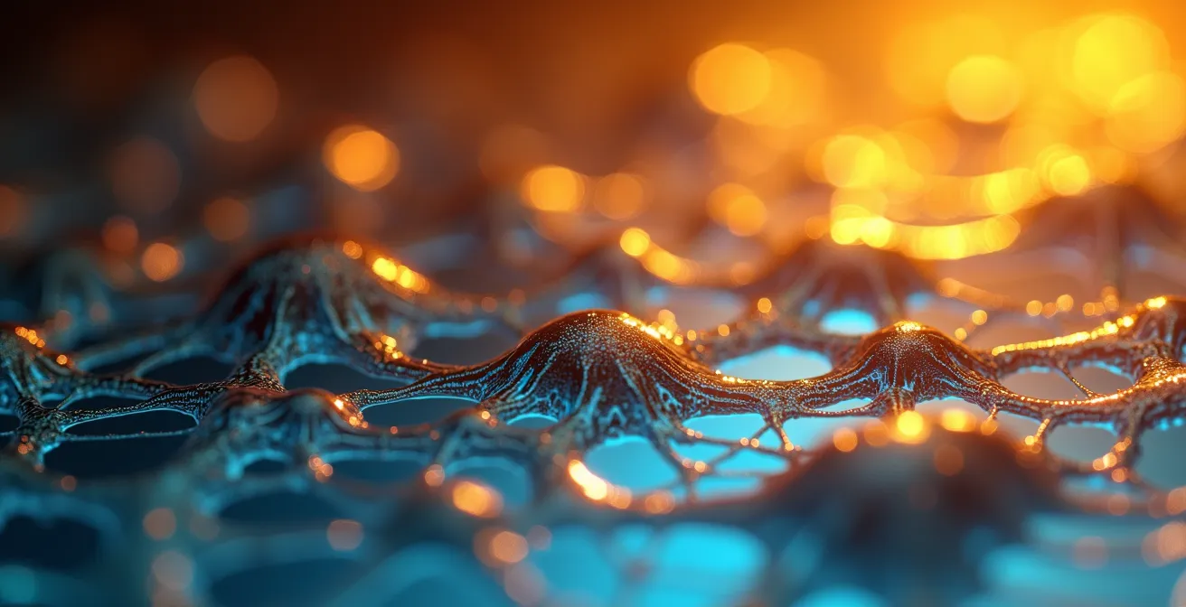 Microscopic view showing oil paint polymerization process with visible molecular chains forming