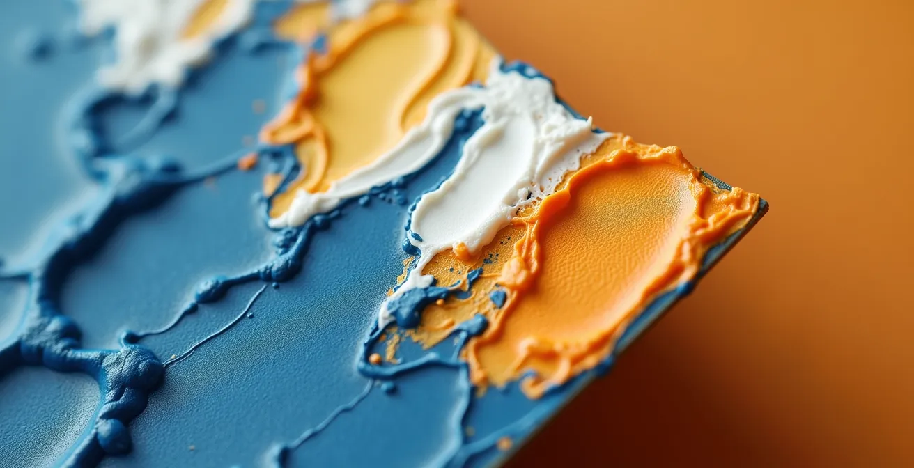 Macro view of palette knife edge loaded with three distinct paint colors creating a natural gradient