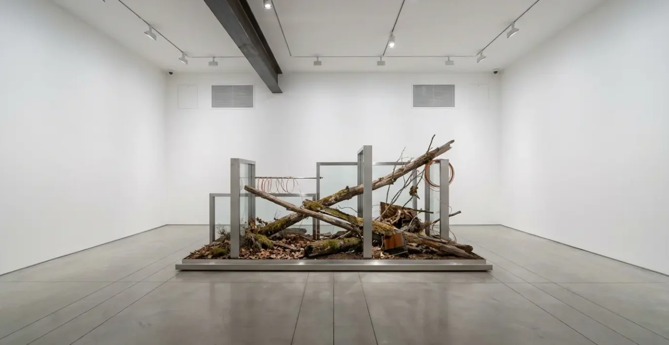 Contemporary mixed media installation with organic materials in a climate-controlled gallery space