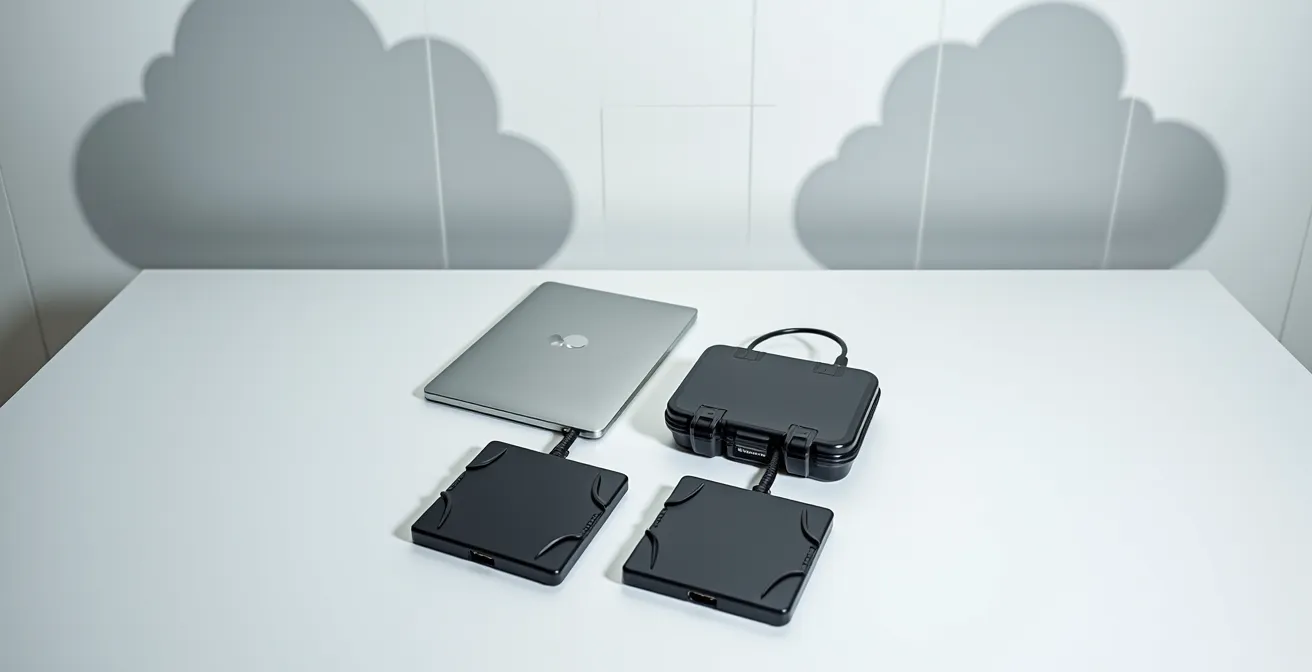 Organized digital storage setup with RAID array, cloud backup visualization, and offsite drive in protective case