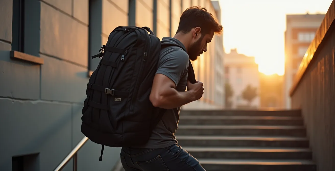 Photographer carrying heavy camera equipment showing physical strain
