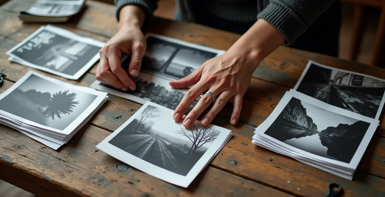 Photographer's hands arranging printed photographs on a large wooden table