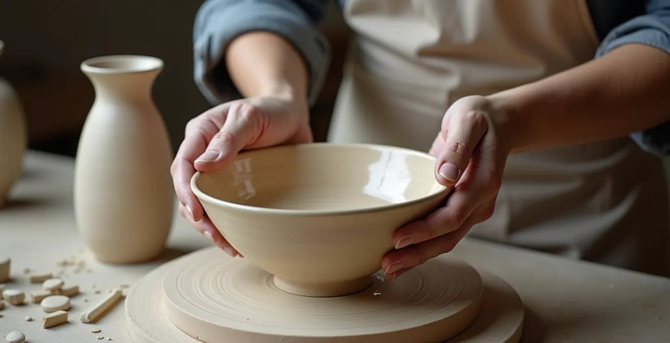 Potter applying glaze to bisqueware showing proper dipping technique