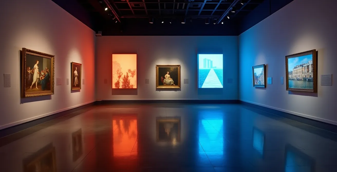 Museum gallery with dynamic LED lighting illuminating both oil paintings and digital screens