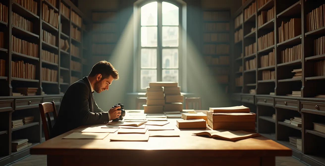 Researcher examining historical documents and archival records in library setting