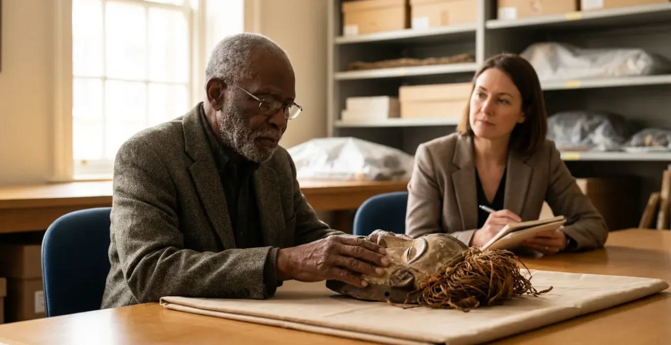 Museum curator discussing mask provenance with visiting African cultural expert in gallery setting