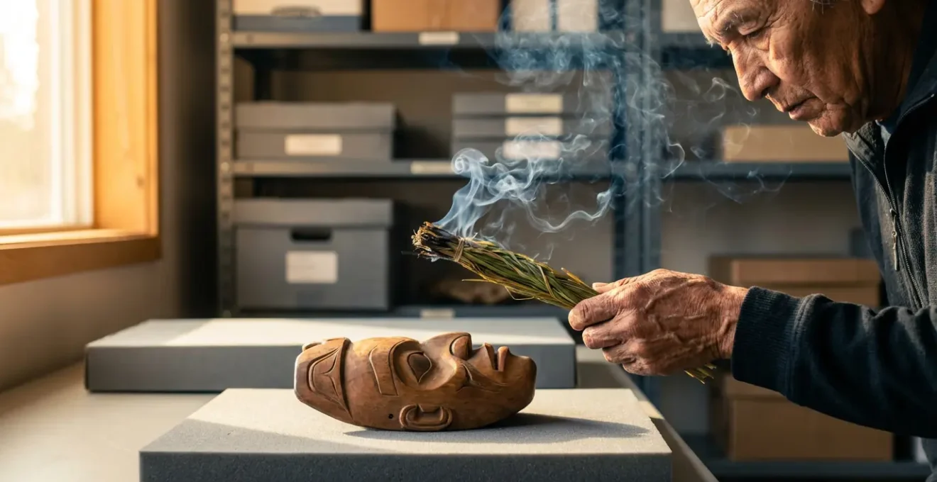 Indigenous elder performing traditional smudging ceremony for a sacred mask in museum storage