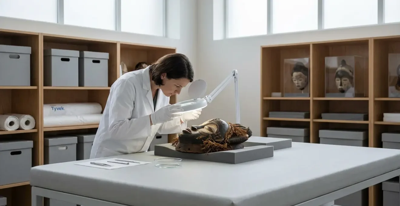 Museum conservator examining an African ceremonial mask with careful attention in a controlled environment