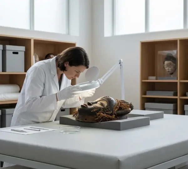 Museum conservator examining an African ceremonial mask with careful attention in a controlled environment