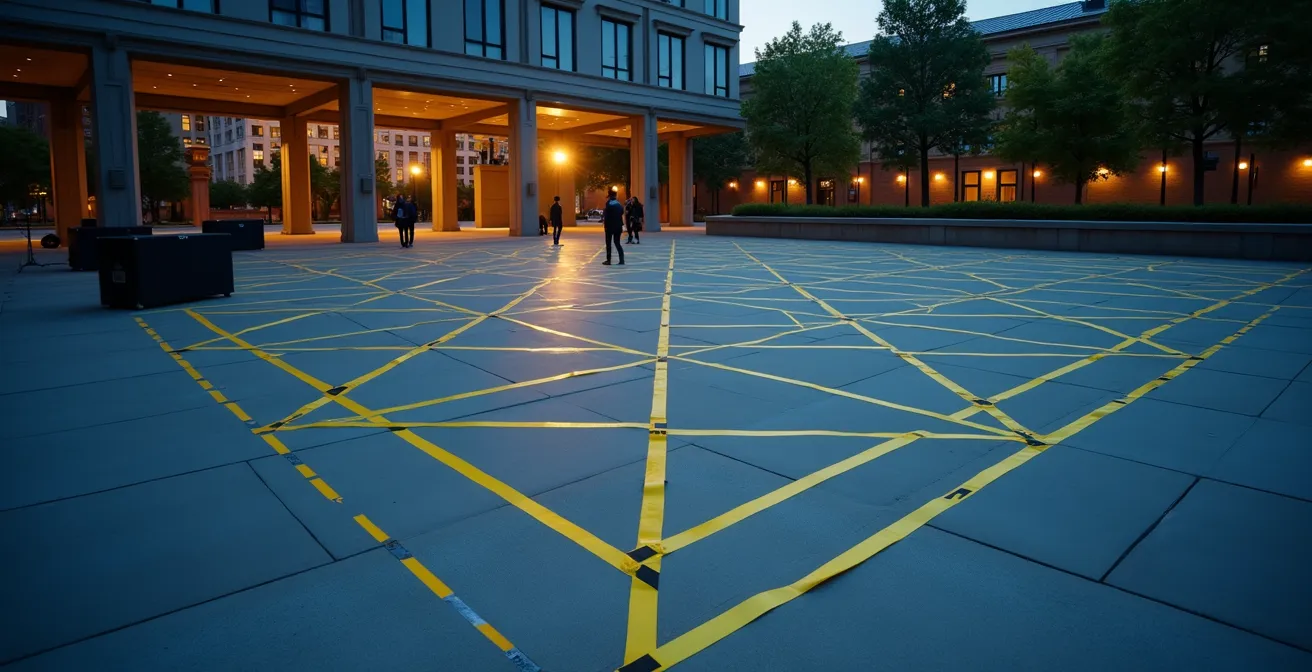 Wide shot of outdoor plaza showing properly secured projection cables with safety tape