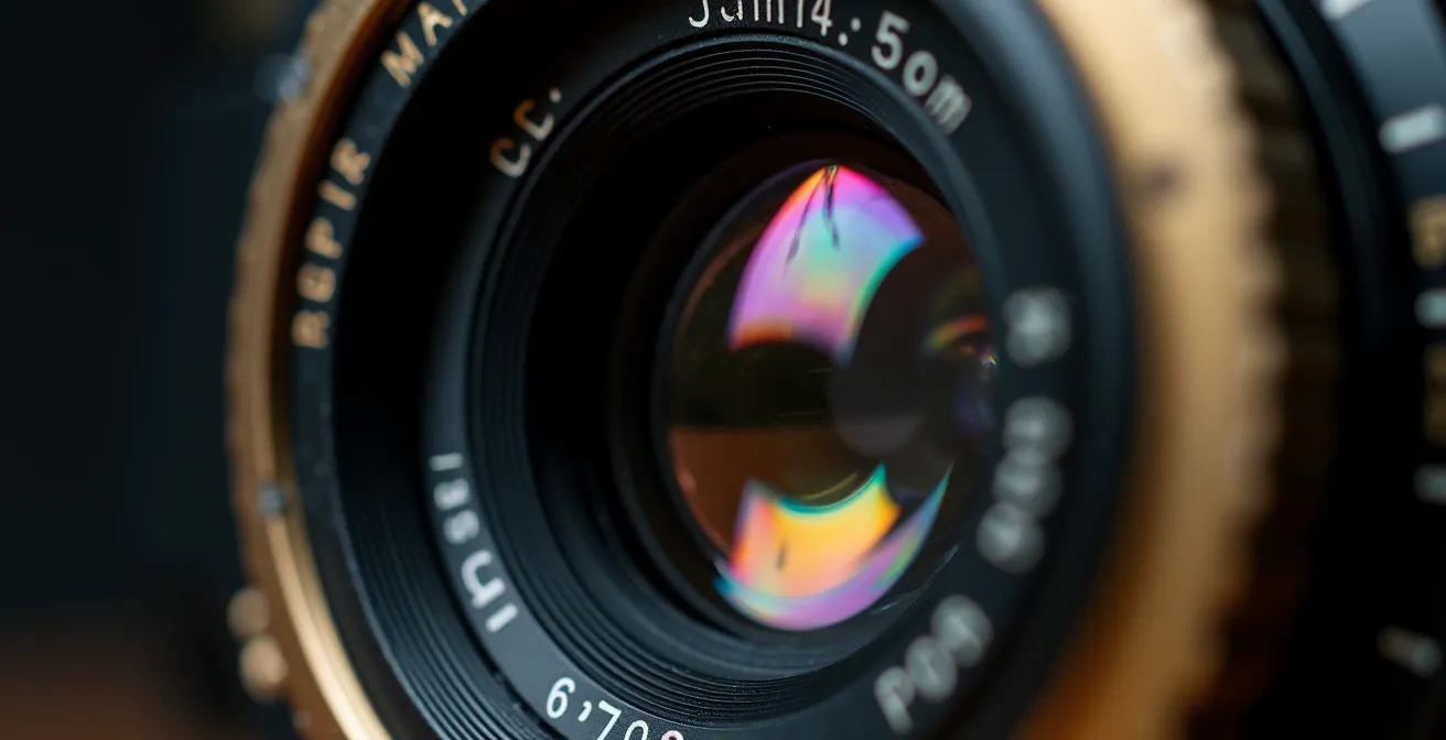 Close-up macro shot of a vintage 50mm prime lens with artistic reflections