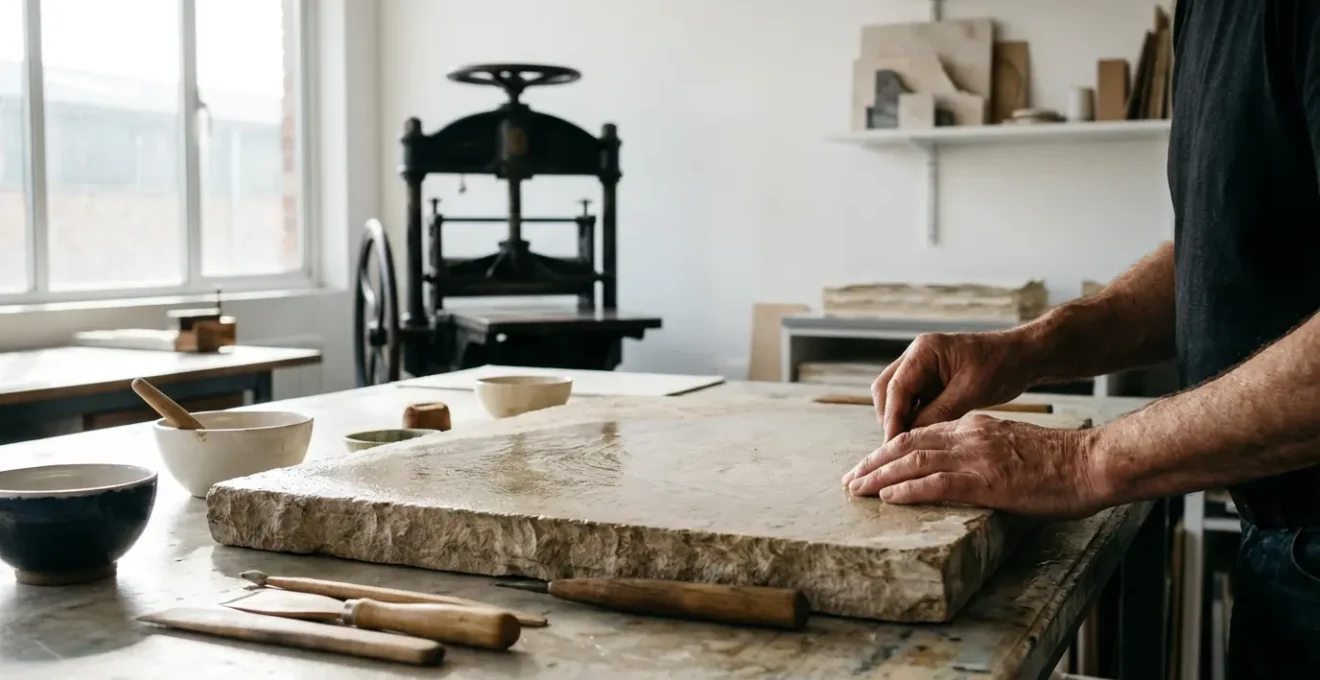 Master printmaker carefully working on a lithographic stone in a professional printing studio