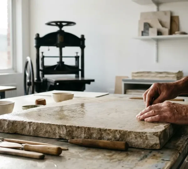 Master printmaker carefully working on a lithographic stone in a professional printing studio