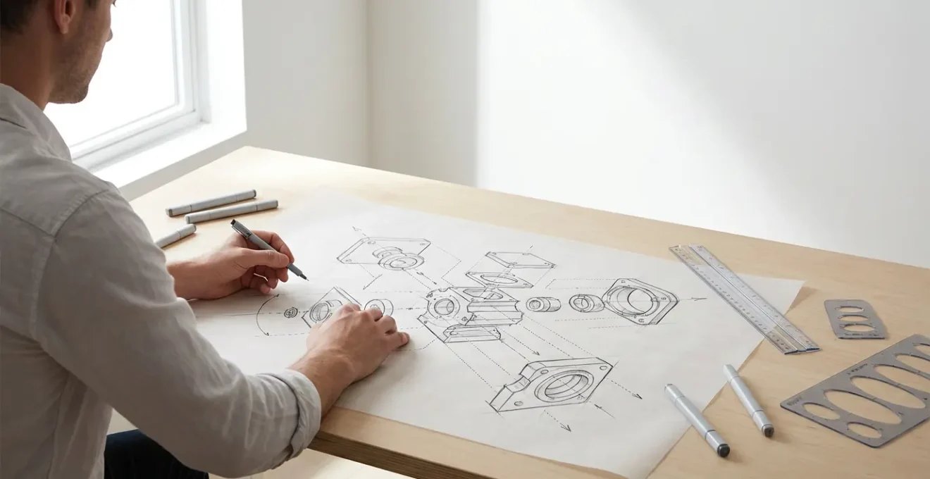 Industrial designer creating an exploded view technical sketch showing complex machine components floating in organized spatial relationships