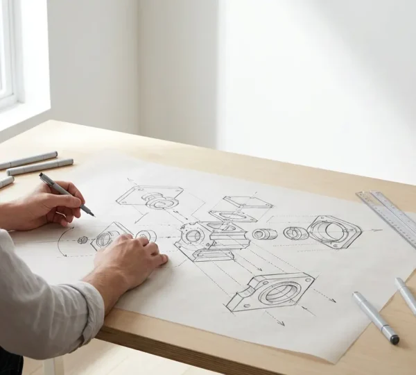 Industrial designer creating an exploded view technical sketch showing complex machine components floating in organized spatial relationships