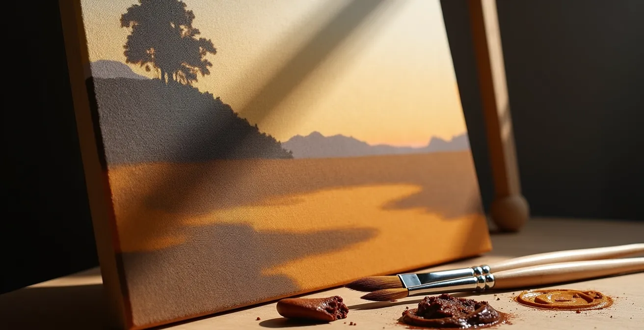 Split canvas showing complex scene reduced to three distinct tonal values