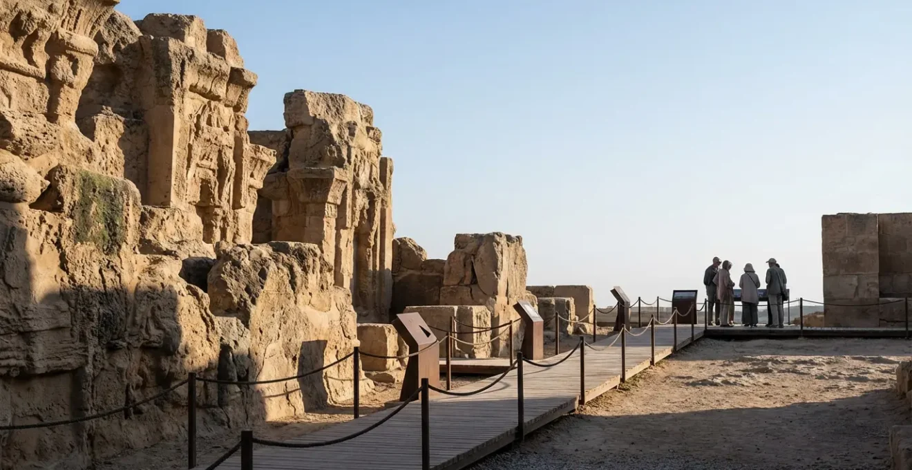 Historic stone temple with visitors exploring ancient architecture while respecting heritage conservation measures