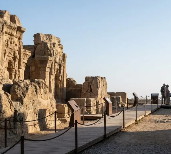 Historic stone temple with visitors exploring ancient architecture while respecting heritage conservation measures