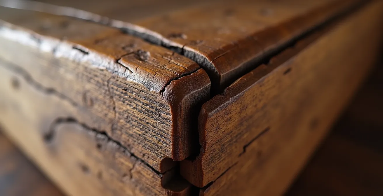 Macro photograph showing authentic hand-carved wood joinery and tool marks on antique stretcher bars