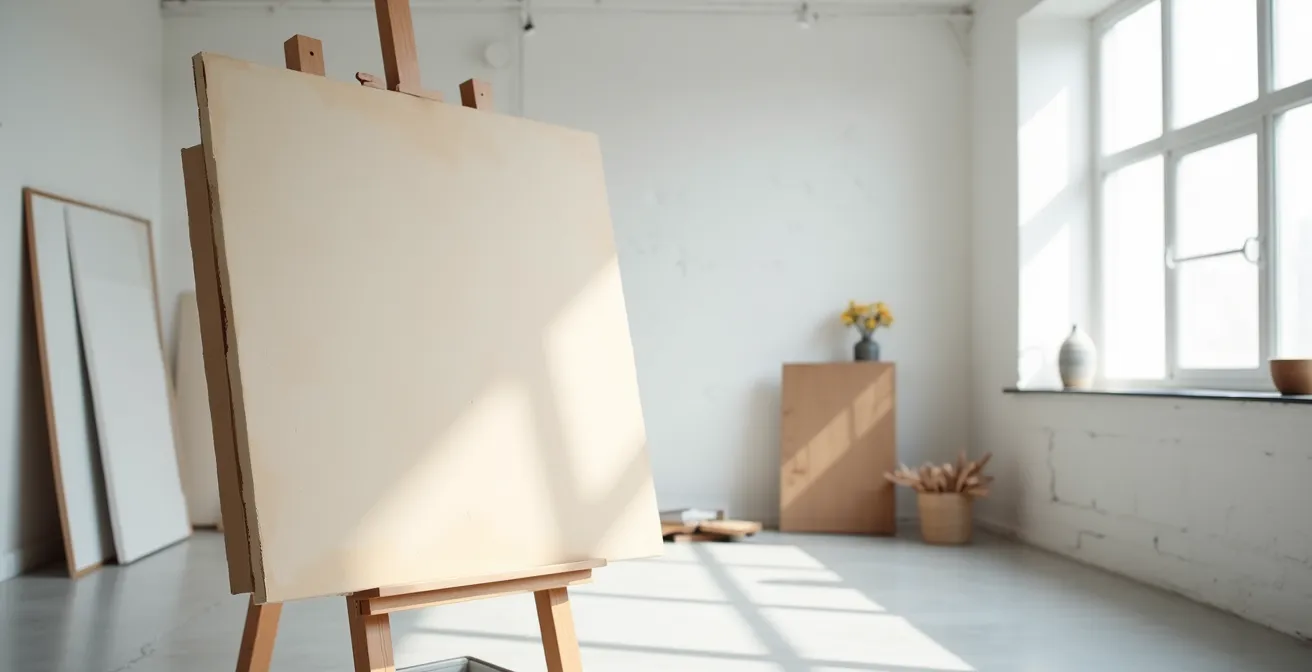Wide angle view of warped canvas painting corner in a conservation studio setting