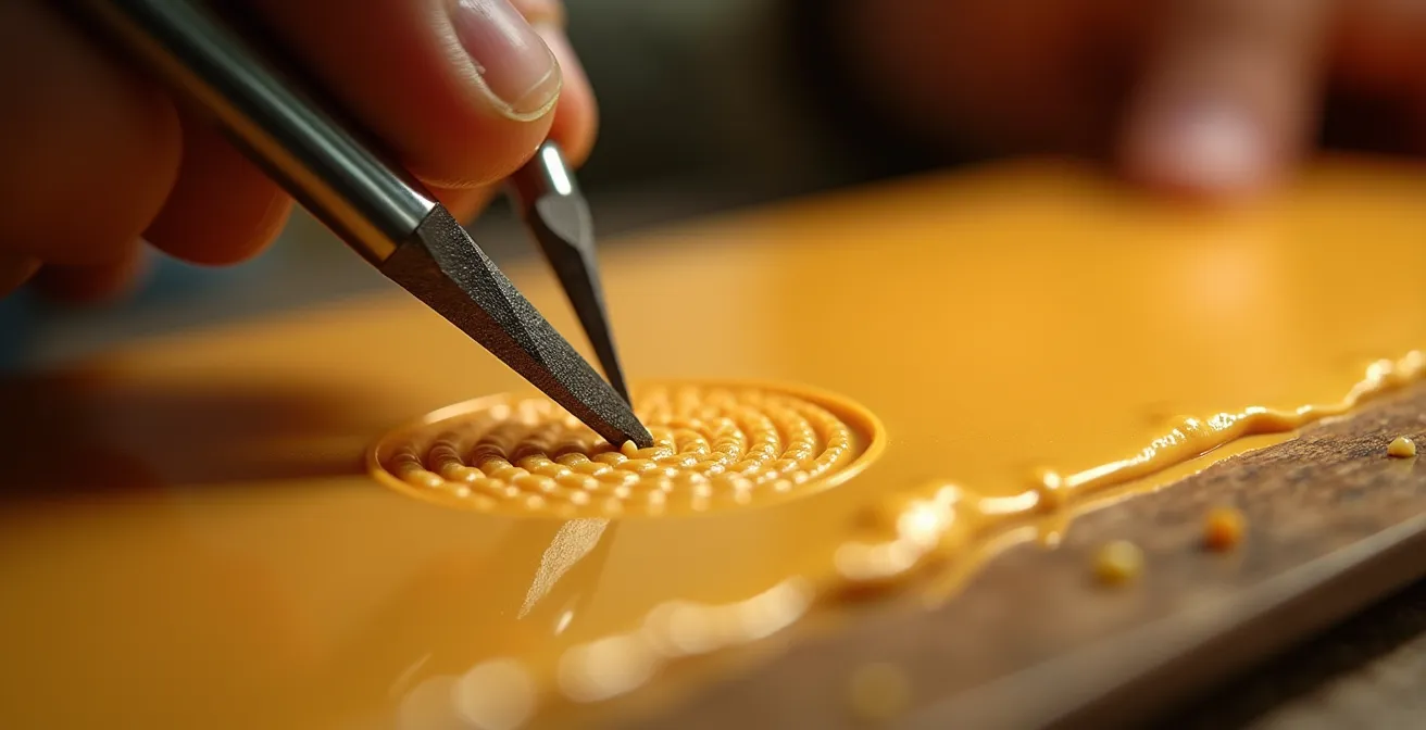 Macro view of specialized wax chasing tools and refined wax surface