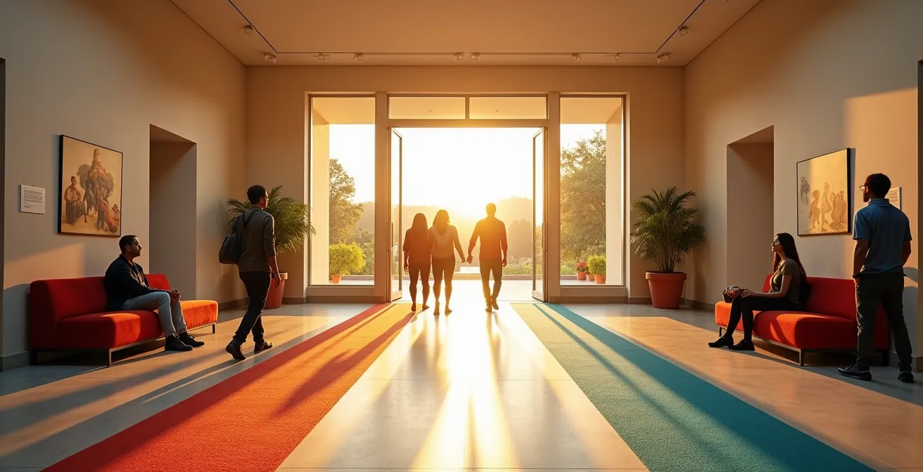 Museum entrance with warm, accessible design features and visitors of diverse backgrounds feeling welcomed