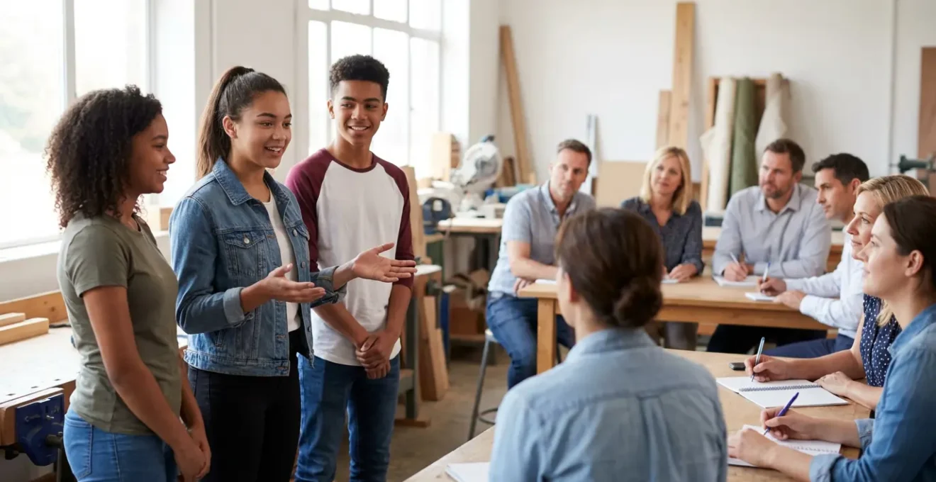 Diverse young people leading workshop discussion with adults listening attentively in background